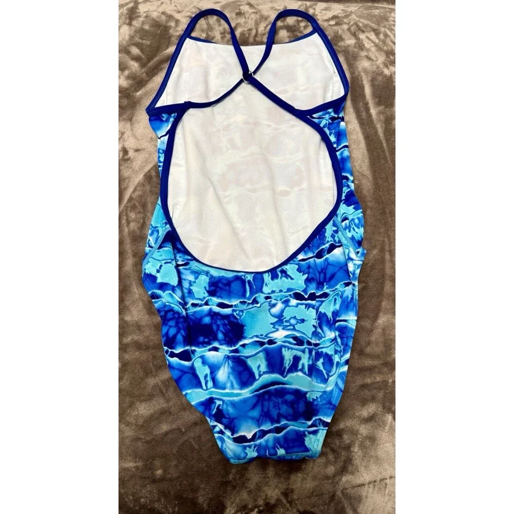 TYR Durafast Size 38 Blue Abstract Open Back Swimsuit Lap Training Competition